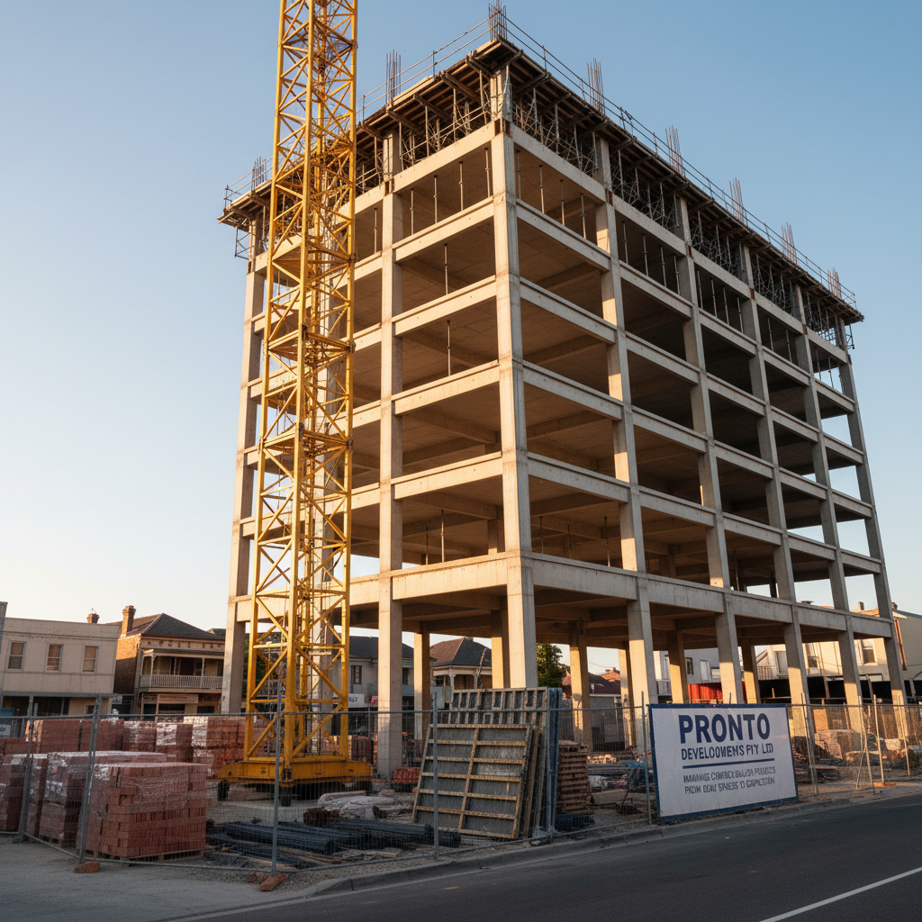 A construction progress scene focused entirely on structure and equipment, with no workers present, showcasing a mid-rise concrete and steel frame rising above a Newcastle streetscape. Stacks of neatly arranged bricks, steel reinforcement bars, and formwork panels line the foreground beside a bright yellow tower crane base. Late afternoon sunlight side-lights the structure, producing strong, graphic shadows that emphasise the grid of beams and slabs. Shot from street level with a slightly upward angle, the composition captures the sense of active development and transformation. The atmosphere is industrious and dynamic yet controlled, rendered in crisp photographic realism to highlight Pronto Developments PTY LTD’s capability in managing complex building projects from early stages through to completion.
