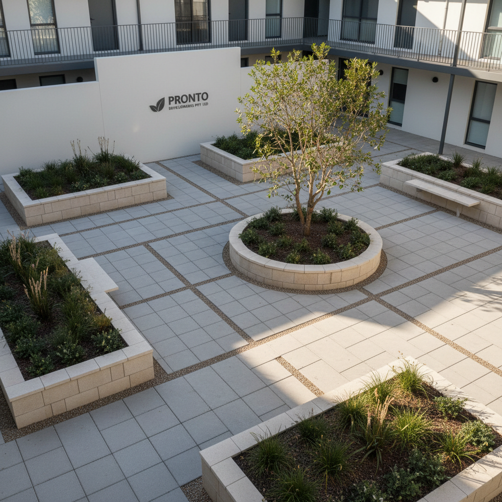 A spacious, freshly landscaped courtyard of a multi-unit development in Newcastle, featuring large-format concrete pavers, raised garden beds with native grasses and low shrubs, and a central feature planter with a sculptural small tree. Clean, light-coloured boundary walls and simple steel balustrades frame the space. Early morning sunlight filters in at an angle, casting crisp but gentle shadows from the planting across the paving, highlighting the careful layout. Photographed from an elevated vantage point, the composition reveals the overall geometry of the courtyard, with clear pathways and gathering areas. The photographic realism and tranquil, orderly atmosphere underscore Pronto Developments PTY LTD’s focus on liveability, outdoor amenity, and considered landscape integration in their projects.